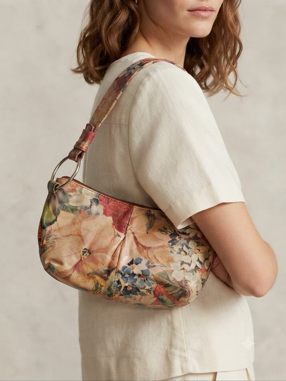 Vintage Cuero Vaca Argentina Floral Leather Shoulder Bag Hobo Purse